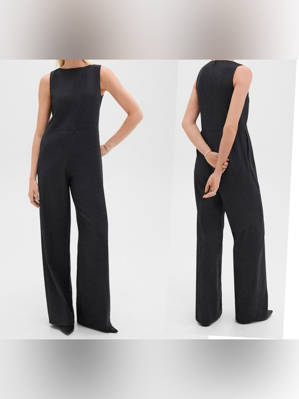 Theory Relaxed Sleeveless Jumpsuit Flannel Wool Blend Gray Wide Leg Size Large
